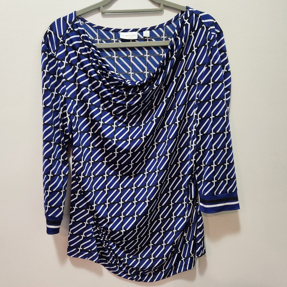 Cowl Neck Blue Print 3/4 sleeve Shirt